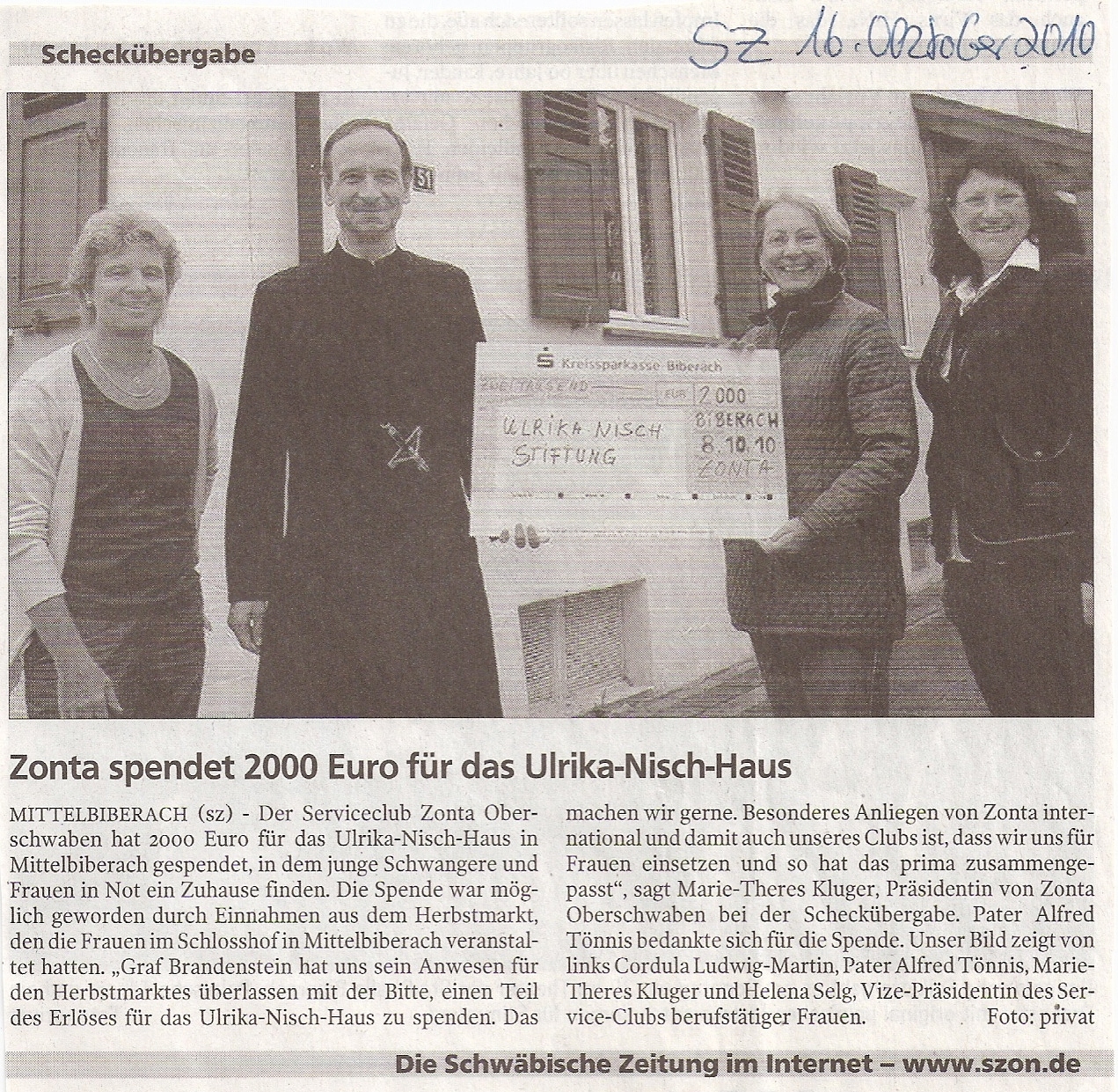 Ulrika Nisch Haus Scheckübergabe 2010